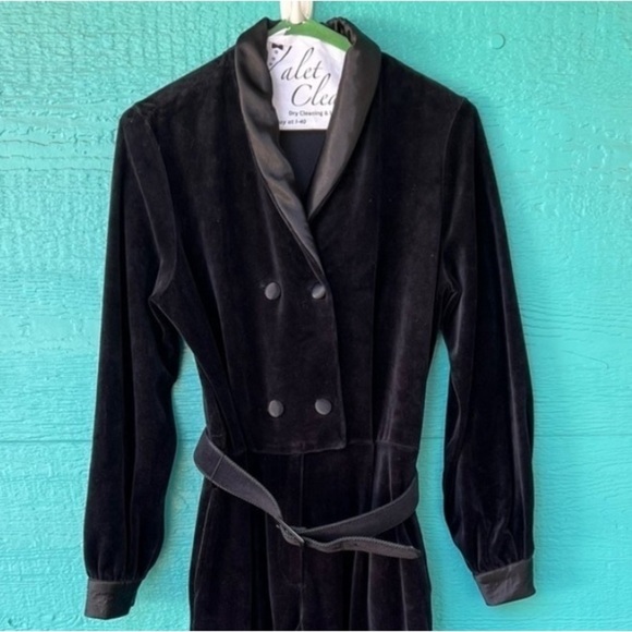 VINTAGE BLACK VELVET SATIN 90’s Y2K JUMPSUIT BELTED SIZE SMALL EUC - Picture 14 of 15